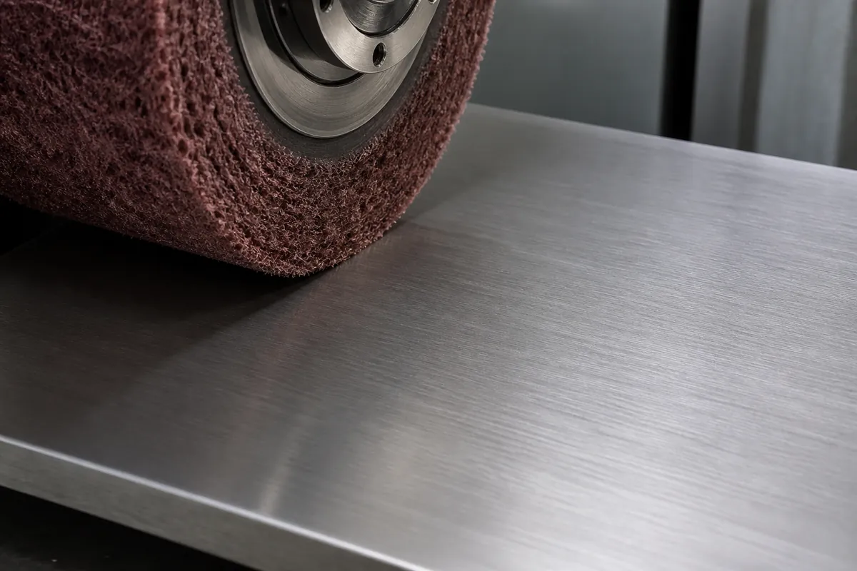 Close view of a non-woven abrasive wheel contacting a stainless steel sheet
