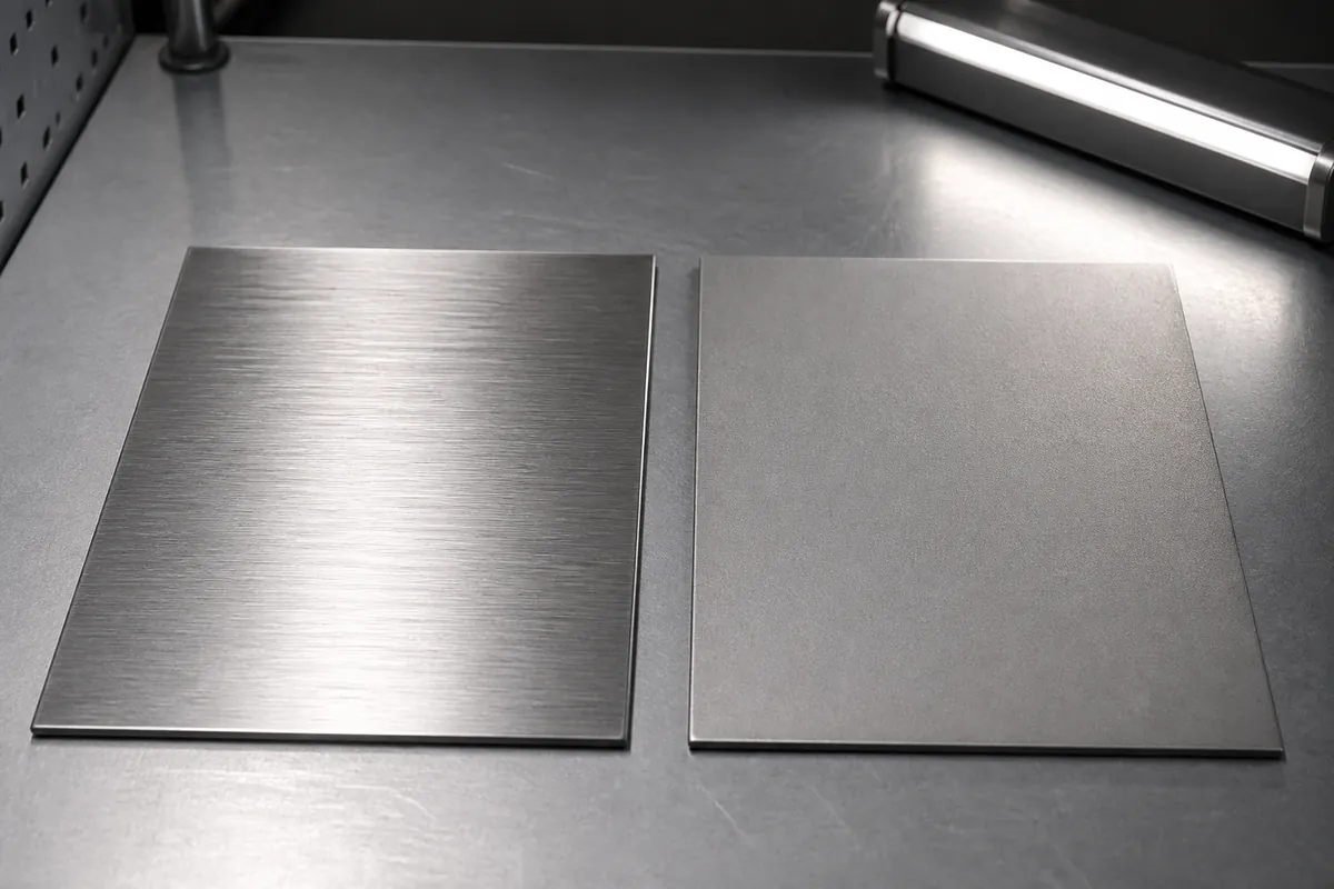 Unlabelled comparison of directional brushed and uniform satin stainless steel surface samples
