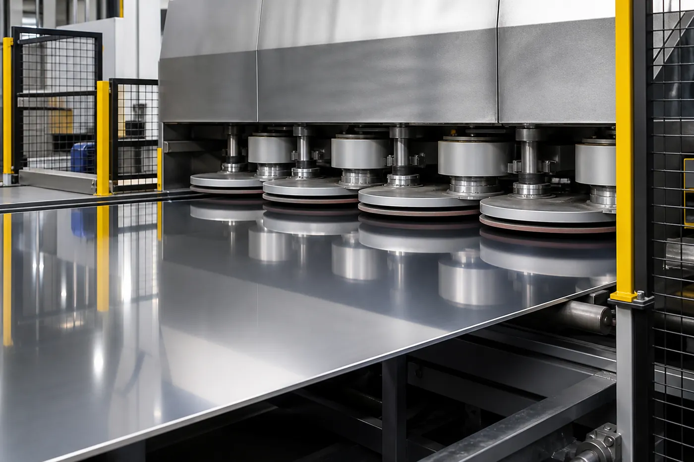 Generic rotary-disc polishing module above a reflective stainless steel sheet