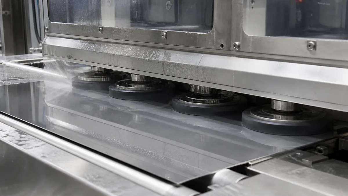 Generic wet rotary-disc polishing contact zone for stainless steel sheet finishing